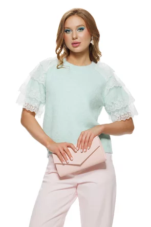Bluza dama tricotata aqua premium cu volane de dantela