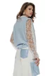Bluza dama tricotata bleu premium cu maneca si revere de dantela chantily