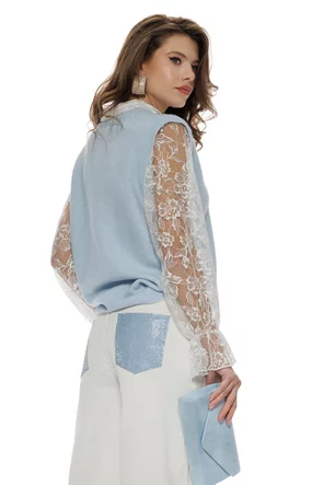 Bluza dama tricotata bleu premium cu maneca si revere de dantela chantily