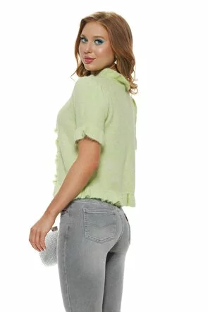 Bluza dama tricotata fistic premium cu volane romantice si nasturi in ton