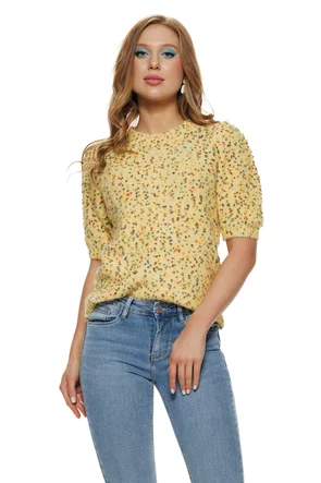 Bluza dama tricotata galben premium cu buline multicolore 3D