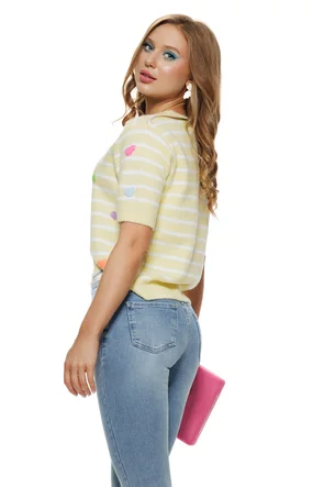 Bluza dama tricotata galben premium cu inimioare brodate multicolore