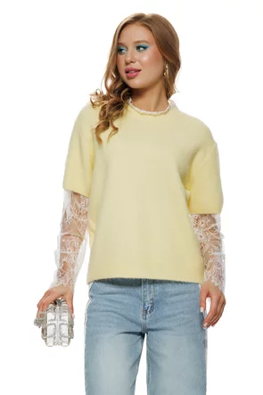 Bluza dama tricotata galben premium cu maneca si volanas de dantela alba