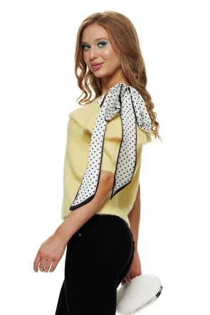 Bluza dama tricotata galben premium cu volan si esarfe cu buline