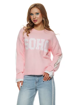 Bluza dama tricotata roz premium cu maneca despicata si aplicatii de dantela alba