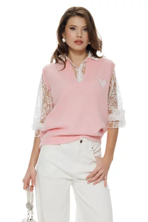 Bluza dama tricotata roz premium cu maneca si revere de dantela chantily