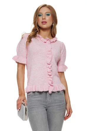 Bluza dama tricotata roz premium cu volane romantice si nasturi in ton