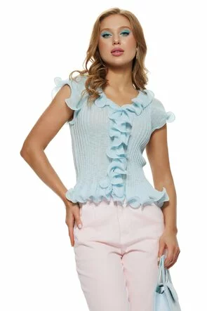 Bluza eleganta din tricot premium baby blue cu volane spiralate
