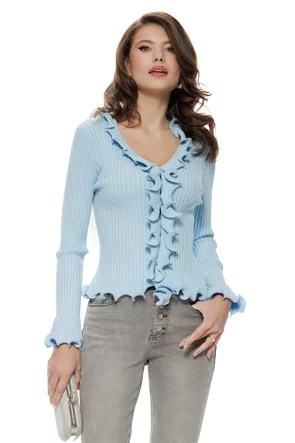 Bluza eleganta din vascoza premium baby blue cu volane spiralate