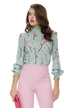 Bluza Fofy dama turcoaz eleganta imprimeu flori de cires mansete late incretite