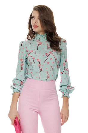 Bluza Fofy dama turcoaz eleganta imprimeu flori de cires mansete late incretite