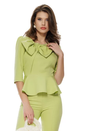 Bluză Fofy verde lime eleganta cu peplum si funda inserata