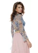 Body dama elegant din tul albastru cu imprimeu floral cu fronseuri spectaculoase