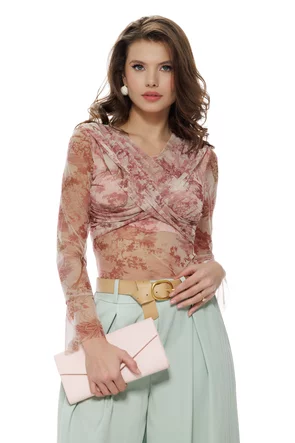 Body dama elegant din tul roz cu imprimeu floral cu fronseuri spectaculoase