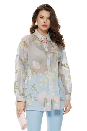 Camasa dama de lux  din matase naturala cu bumbac  broderie paiete fine si  brosa florala