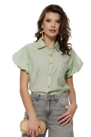 Camasa dama diafana premium din organza de vascoza verde menta cu nasturi estivali diferiti