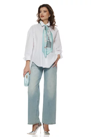 Camasa dama eleganta alba din bumbac 100% cu esarfa satinata aqua