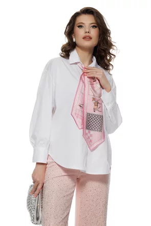 Camasa dama eleganta alba din bumbac 100% cu esarfa satinata roz