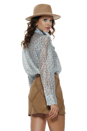 Camasa dama eleganta baby blue din organza de tencel cu buline si funda maxi innodata