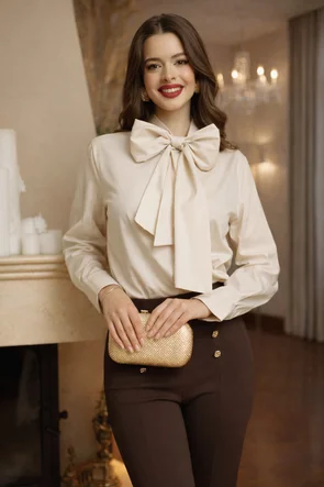 Camasa dama eleganta  bej din bumbac usor elastic cu esarfa innodata