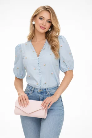 Camasa dama eleganta bleu din bumbac premium cu floricele romantice brodate