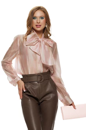 Camasa dama eleganta cristal rose din organza de tencel in degrade si funda maxi innodata