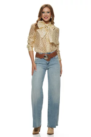 Camasa dama eleganta galben lemon juice din organza de tencel cu buline si funda maxi innodata