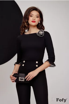 Camasa dama Fofy neagra premium cu aplicatii de perle si brosa