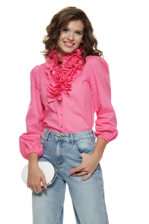 Camasa dama Fofy roz cu volane ample si nasturi tip bijuterie