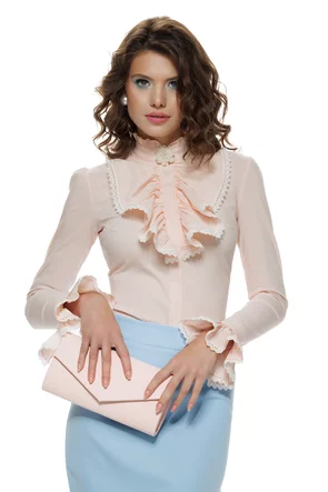 Camasa dama Fofy somon premium  cu jabou conturat cu dantela si brosa detasabila