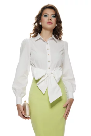 Camasa dama office Fofy din bumbac alba cu  funda supradimensionata in talie si nasturi bijuterie