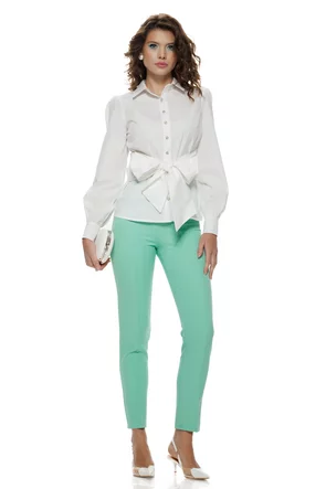 Camasa dama office Fofy din bumbac alba cu  funda supradimensionata in talie si nasturi bijuterie