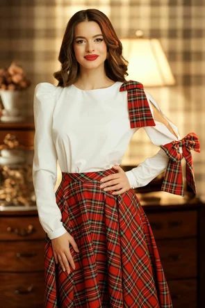 Camasa dama office Fofy din bumbac alba , maneca despicata si fundite in carouri