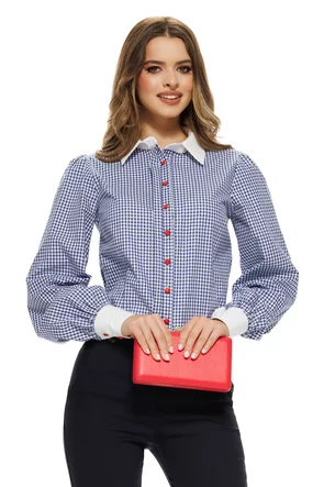 Camasa dama office Fofy din bumbac bleumarim cu fundite decorative si nasturi rosii