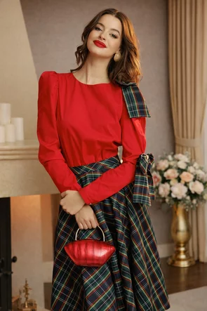 Camasa dama office Fofy din bumbac rosie , maneca despicata si fundite in carouri