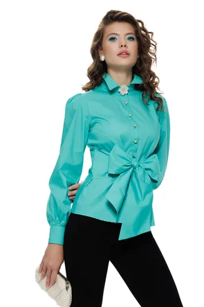 Camasa dama office Fofy din bumbac verde menta cu  funda supradimensionata in talie brosa decorativa la guler