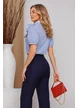 Camasa dama office Fofy maneca scurta din bumbac bleumarin cu dungi si floare 3D spiralata