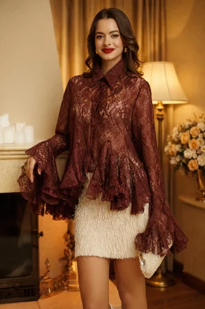 Camasa dama sofisticata bordo din dantela premium cu volane ample