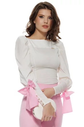 Camasa Fofy  ecru cu mansete late fundite roz si nasturi cu stras