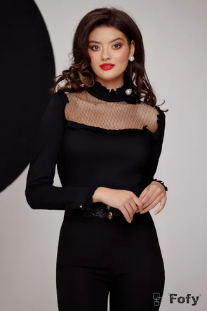 Camasa Fofy neagra premium cu platca de tull cu aplicatii de cristale si brosa din organza cu perla maxi