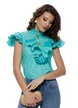 Camasa Fofy turquoise de vara din bumbac usor elastic cu jobou, maneci cu volane si nasturi decorativi