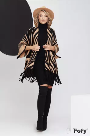 Cardigan dama premium din tricot cu imprimeu zebra bej cu negru