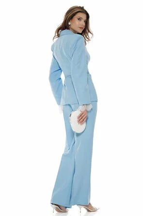 Compleu dama elegant baby blue cu fronseuri in talie accesoriu auriu pantalon wide cu pense