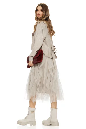 Compleu dama elegant bej cu angora pulover cu funda la spate si fusta de tul cu volane spiralate