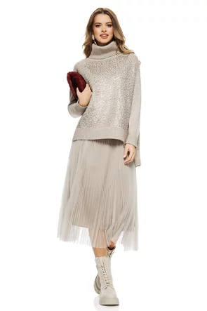 Compleu dama elegant bej cu angora pulover cu paiete si rochie cu fusta de tul plisat