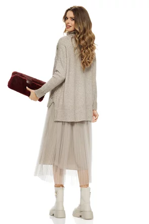 Compleu dama elegant bej cu angora pulover cu paiete si rochie cu fusta de tul plisat