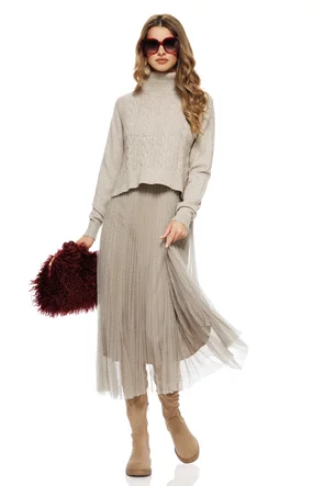 Compleu dama elegant bej cu angora pulover pe gat cu torsade si rochie cu fusta de tull plisat cu buline