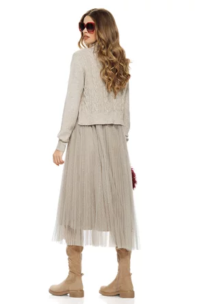 Compleu dama elegant bej cu angora pulover pe gat cu torsade si rochie cu fusta de tull plisat cu buline