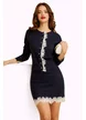 Compleu dama elegant bleumarin premium fusta  si jacheta cu insertii de dantela si nasturi perla