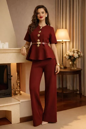 Compleu dama elegant burgundy din tricot premium jacheta cu peplum stelute aurii curea si pantaloni